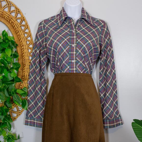 Wrangler Western Plaid Button Down Shirt Retro 70s Style Top | Dark Autumn - Picture 1 of 6